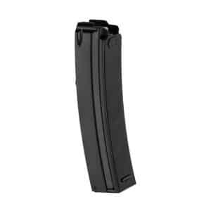 Black curved detachable rifle magazine standing upright on a white background