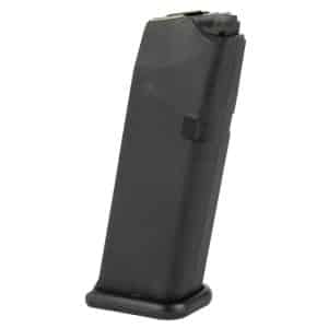 Black pistol magazine standing upright on a white background, with a rounded base plate