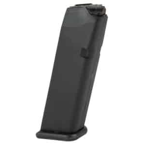 Black pistol magazine standing upright with a rounded base plate, shown from the side.