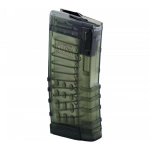 Translucent green rifle magazine with visible rounds inside.