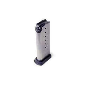 Metal pistol magazine standing upright with a black base plate on the bottom.