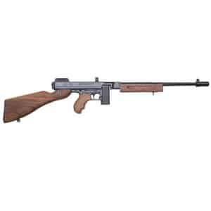 Semi-automatic rifle with a wooden stock and fore-end, black metal receiver and long barrel with iron sights.