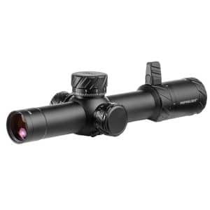 Black Meprolight riflescope with elevation and windage dials for precision aiming on a rifle.
