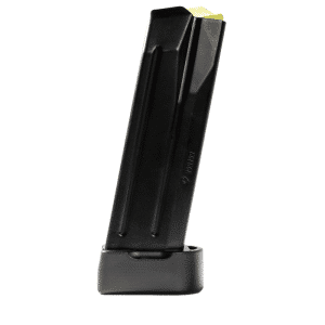 Black 9 mm handgun magazine standing upright in a baseplate, angled to the left with a yellow follower at the top