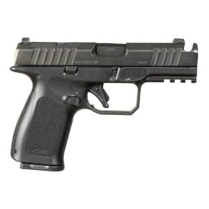 Side view of a black semi-automatic handgun with textured grip and prominent trigger guard used for personal defense or sport shooting