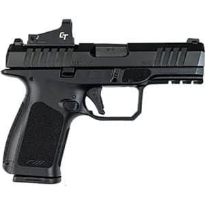 Black semi-automatic pistol shown in profile with textured grip and accessory rails on the top and frame sideview.