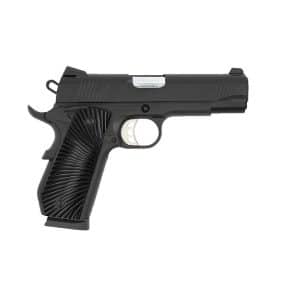 Side view of a black semi-automatic pistol with a textured grip against a white background.