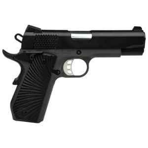 Black semi-automatic pistol shown in side profile with a textured grip and silver trigger guard/slide.