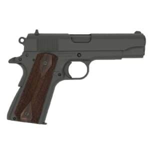 Side view of a semi-automatic pistol with a gray finish and brown wooden grip plates.