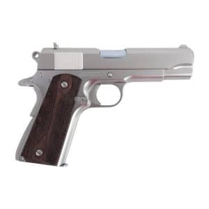 Side view of a silver semi-automatic pistol with a dark wood grip.