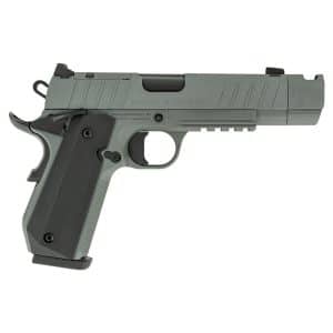 Side view of a gray semi-automatic pistol with a textured grip and the word 'NIGHT STALKER' on the slide.