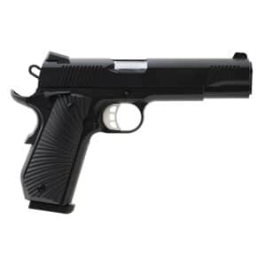 Semi-automatic handgun shown in a side profile with a black textured grip and silver slide.