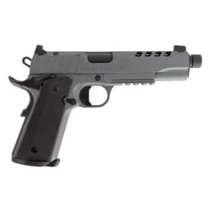 Right-side profile of a gray semi-automatic pistol with a black textured grip and 'Night Stalker' engraving on the slide.