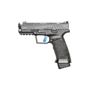 Black semi-automatic pistol with a textured grip and a detachable magazine protruding from the grip