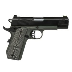 Semi-automatic pistol with a black slide and gray patterned grip, shown in profile against a white background.