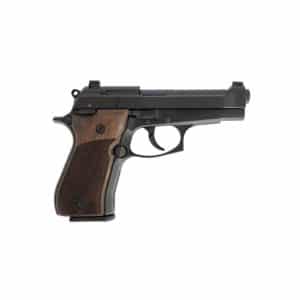 Side view of a black semi-automatic pistol with a wood-textured grip shown in profile.