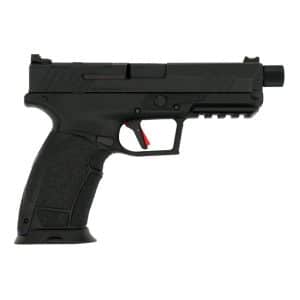 Side view of a black semi-automatic pistol with a textured grip and red trigger.