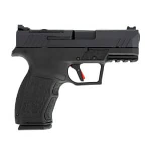 Side view of a black semi-automatic pistol with a textured grip and compact frame.