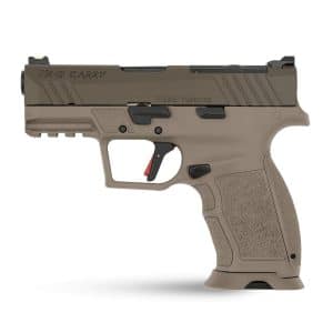 Tan semi-automatic pistol shown in profile with textured grip and brown slide marked 'PX-9 Carry' and 'TISAS TURKIYE' on the slide.