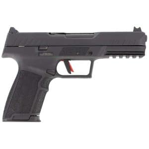Side view of a black semi-automatic pistol with textured grip and red trigger safety marker.