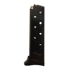 Black pistol magazine standing upright with visible round-count holes on the side.
