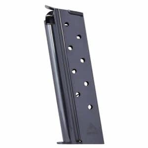 Metal pistol magazine with multiple round witness holes, standing upright, ready for loading.