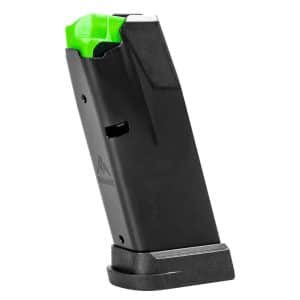 Detachable pistol magazine with a green follower, shown upright on a baseplate.