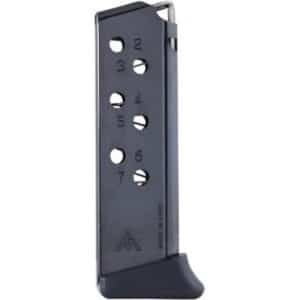Vertical metal pistol magazine with seven round-count holes labeled 2 through 7 and a black baseplate.