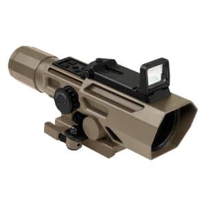 Tan tactical rifle optic with a flip-up red-dot holographic sight and magnifier mounted on a rail