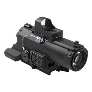 Black tactical rifle scope with a red-dot sight mounted on top, showing multiple adjustment dials and a large front lens.