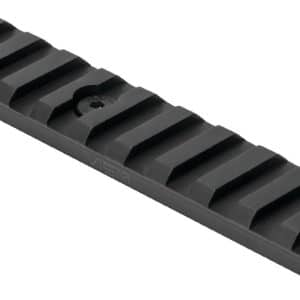 Black Picatinny rail segment with evenly spaced slots for mounting accessories on a firearm