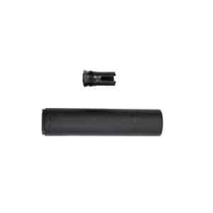 Close-up of a black firearm silencer/suppressor component with threaded end laid horizontally on a white background.
