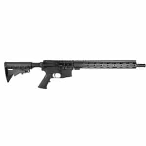Black semi-automatic rifle with adjustable stock, pistol grip, and long vented handguard shown in profile on a white background