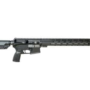 Side profile of a black semi-automatic rifle with a long Picatinny rail and collapsible stock.