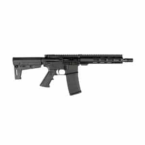 Black semi-automatic rifle with collapsible stock, pistol grip, long handguard, and detachable magazine.