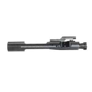 Disassembled firearm bolt slide or receiver component in dark metal with internal gear-like threading and a small sight rail on top.