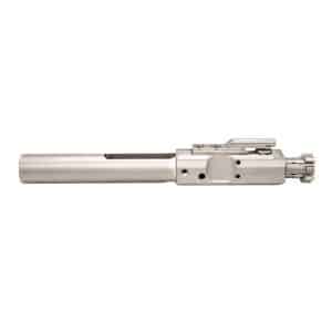 Metal bolt carrier group component for a rifle, shown from the side in silver.