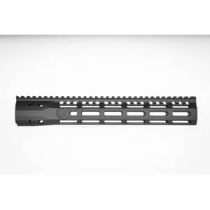 Black aluminum AR-15 handguard with M-LOK slots and an upper Picatinny rail, shown in profile.
