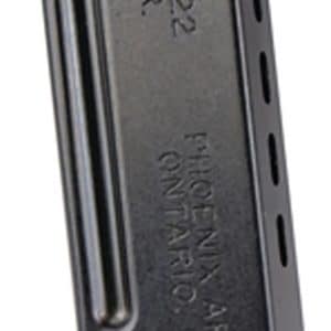 Side view of a black handgun magazine, stamped 'Model HP22 Cal 22 LR' with a curved baseplate edge.