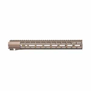 Tan M-LOK rifle handguard rail for an AR-15, with ventilation slots and mounting grooves