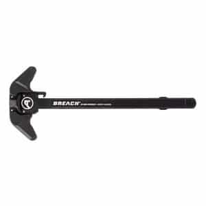 Long black tool with a clamp at one end and a thin extendable bar labeled 'BREACH'—appears to be a firearm or precision assembly tool used for gripping or levering components.