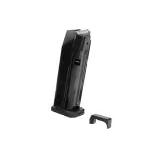 Pistol magazine with its base plate removed, and an additional base plate piece beside it