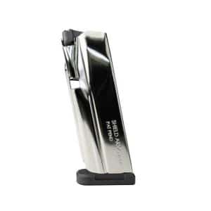 Stainless steel Shield Arms firearm magazine with a black baseplate standing upright.