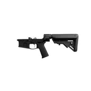 Side view of a black semi-automatic rifle with a pistol grip and adjustable/folding stock