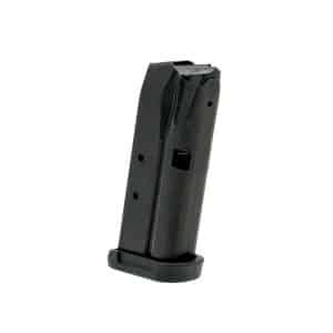 Black pistol magazine with a rounded base plate, standing upright on a white background (detachable firearm magazine).