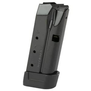 Black detachable pistol magazine with a flat baseplate, shown upright
