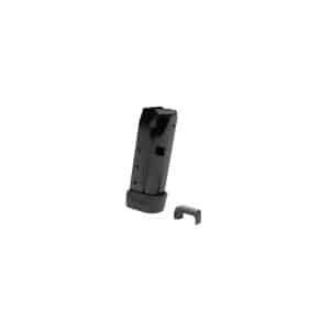 Black pistol magazine standing upright with a small gray magazine loader beside it on a white background