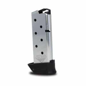 Silver TAC MAG Elite pistol magazine with a black textured baseplate, showing polymer floor plate and vent holes along the side