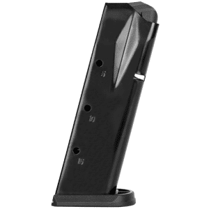 Black curved pistol magazine with a base plate, shown from a side angle.