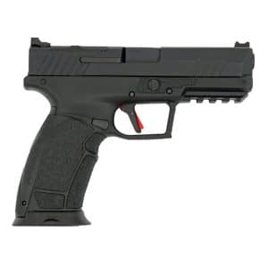 Side view of a black semi-automatic pistol with textured grip and red trigger safety.